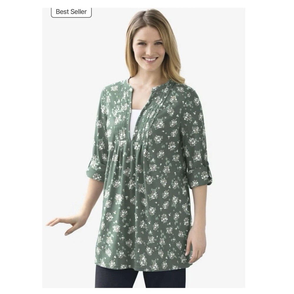 Woman Within 7-Day Three-Quarter Roll Sleeve  Floral Green Henley Tunic Large